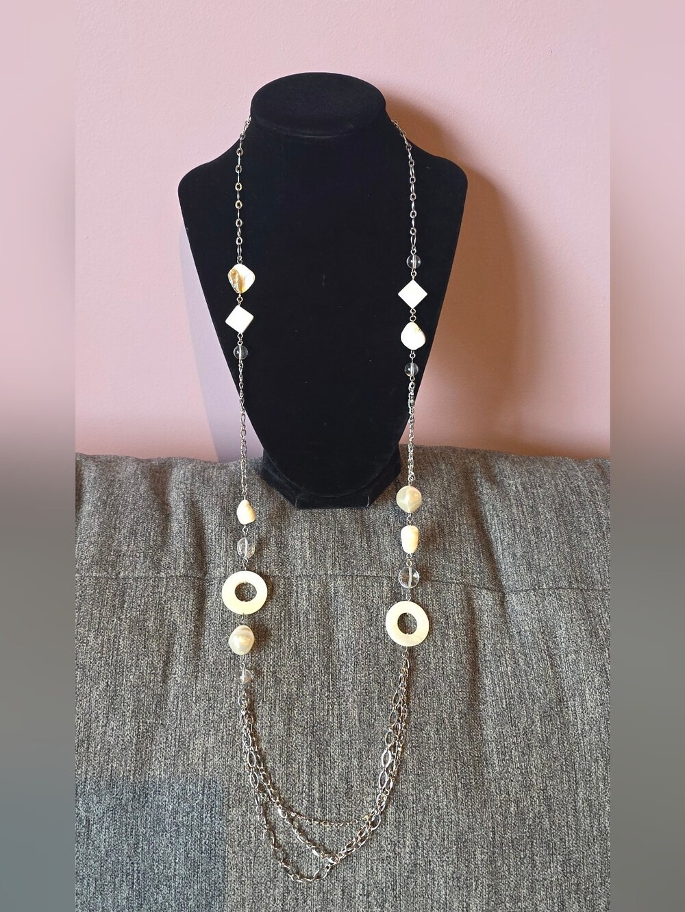 Lia Sophia Silver Chain Necklace with White Shell Discs and Beads